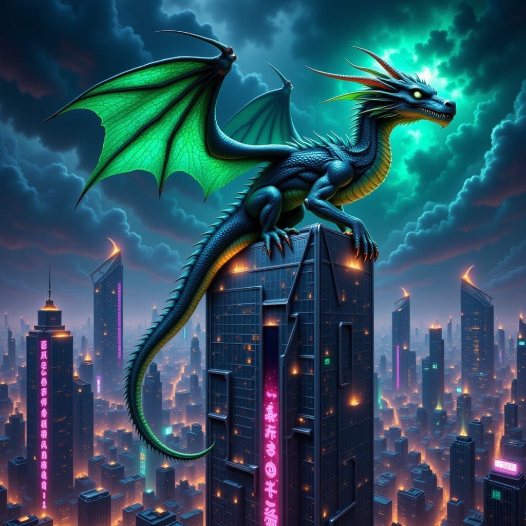 Iridescent Dragon on Cyberpunk Skyscraper at Night