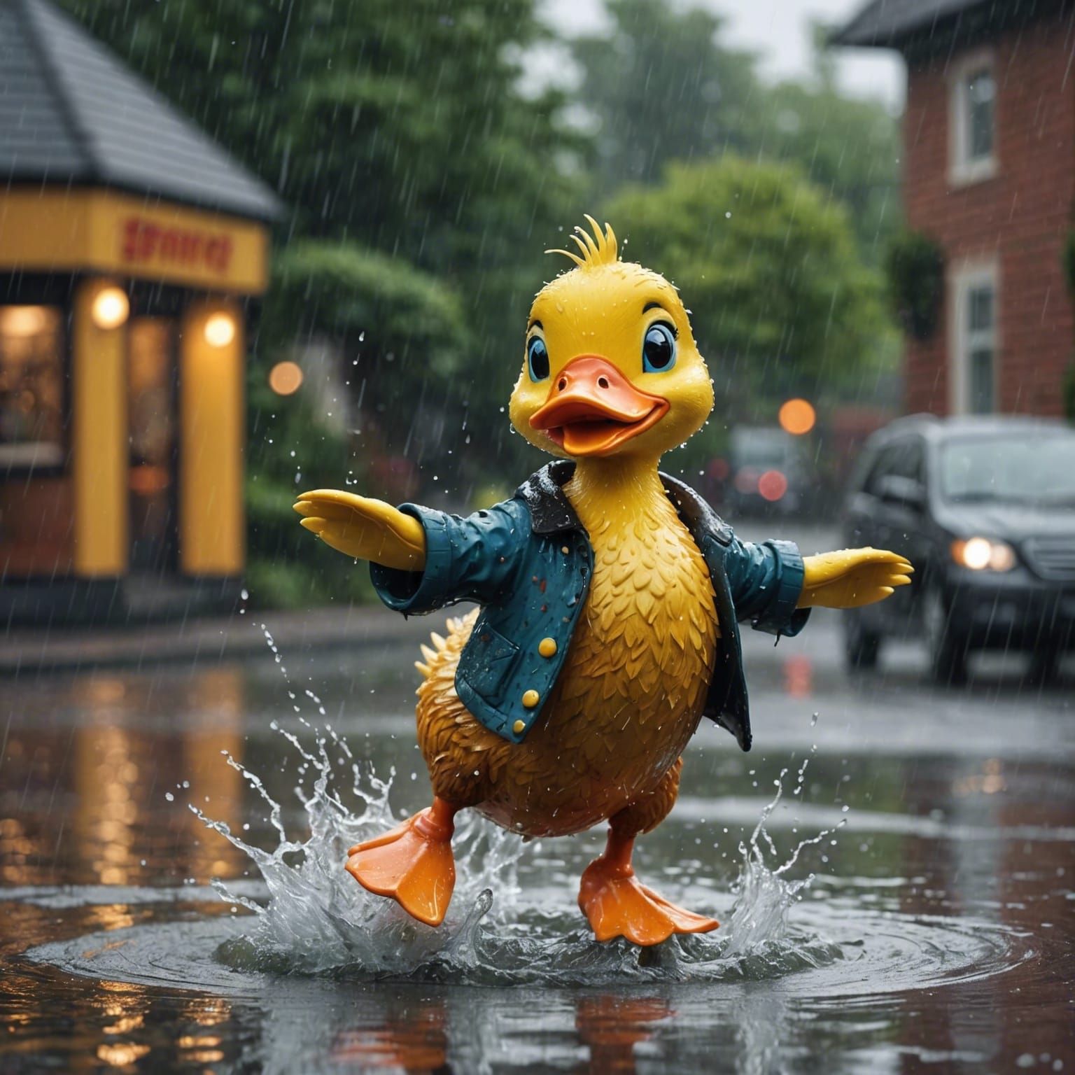 Adorable Duck Splashing in Rainy Puddle
