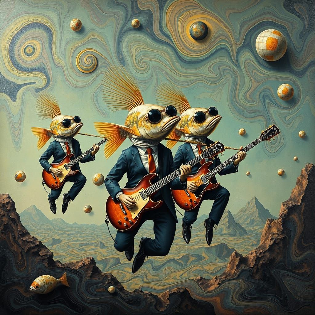 Surreal Nickelback Fish Band in a Dreamscape