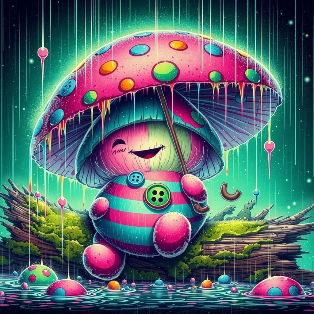 Mushroom Spirit with Polka-Dot Umbrella in Grunge Post-Apoca...