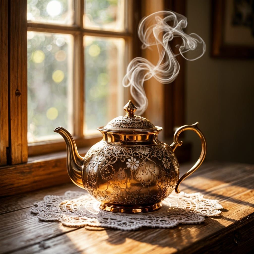 Ornate Copper Teapot with Steam in Sunlight