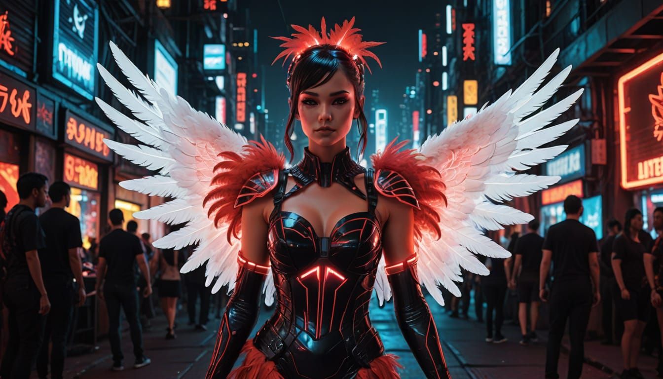 Cyberpunk Woman with Red Wings in Glowing City