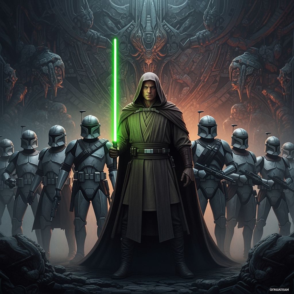 Jedi with Green Lightsaber and Clone Troopers