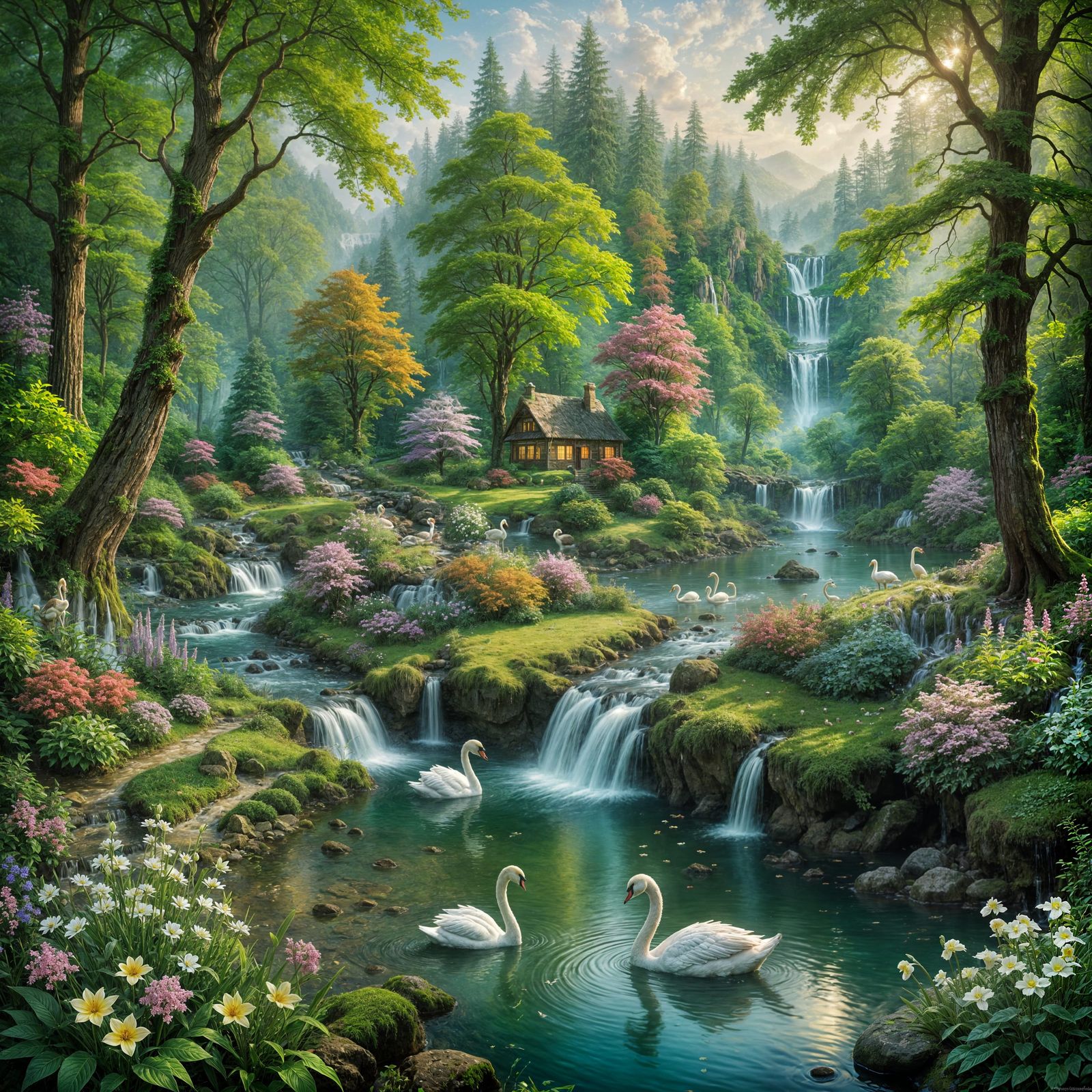 Lush Forest Waterfall Landscape with Swans