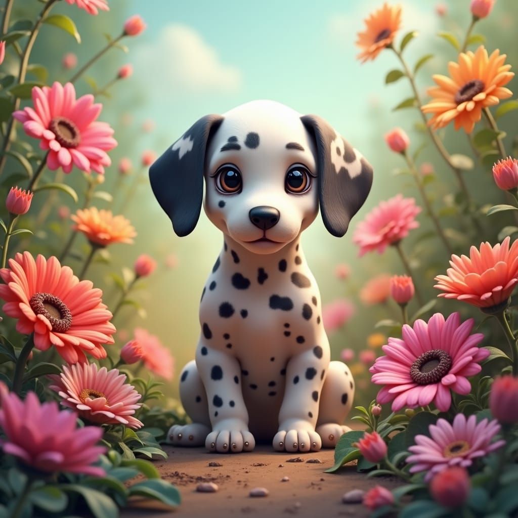 Dalmatian Puppy in Fantasy Floral Landscape, Digital Art