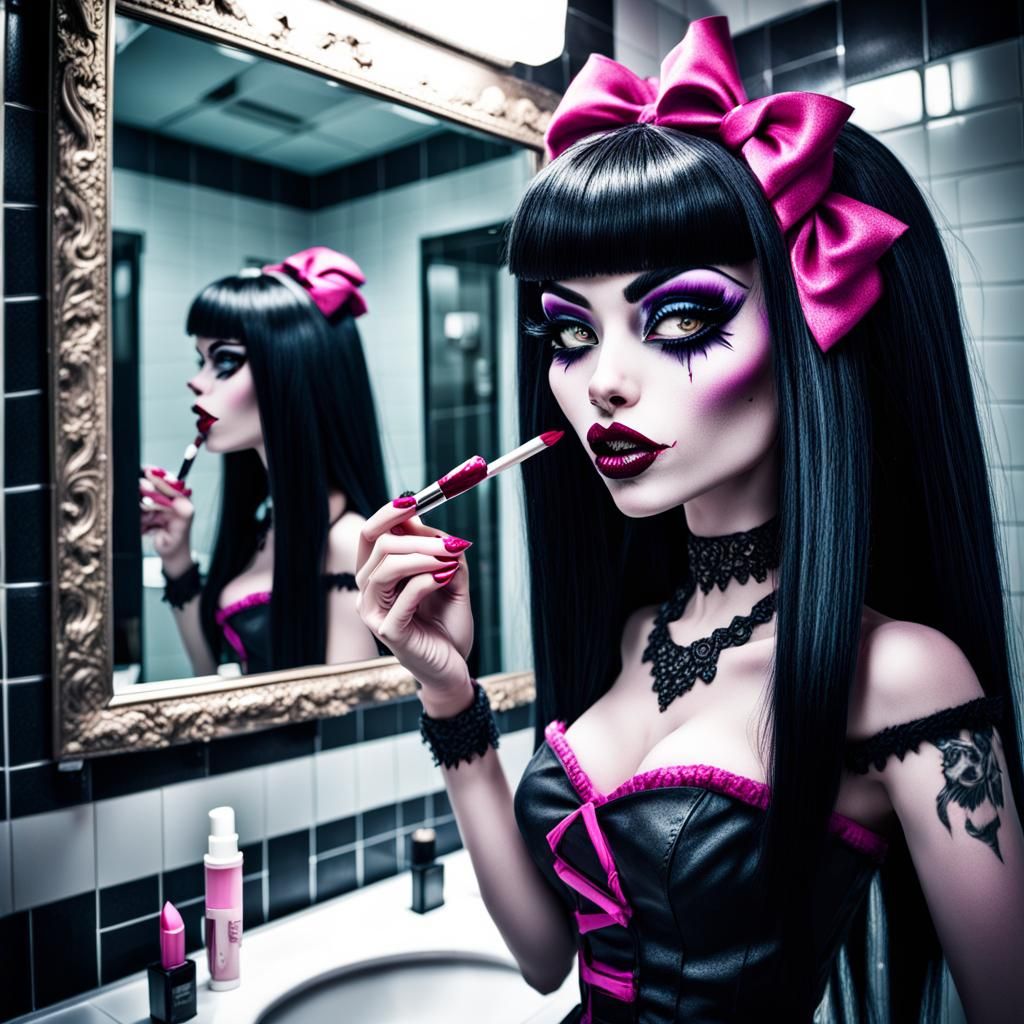 emo draculaura monster high putting on lipstick in a public ...