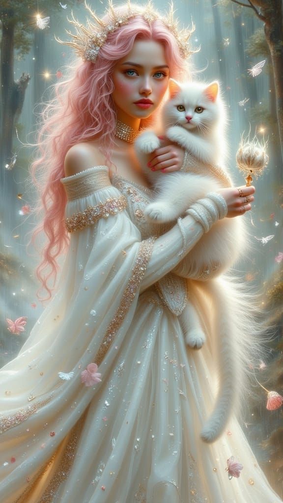 Ethereal Otherworldly Goddess with Glowing Eyes and Pink Hai...