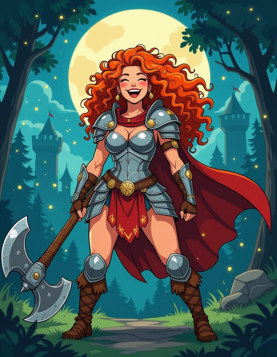 Laughing Barbarian Woman in Retro 80s Cartoon Style