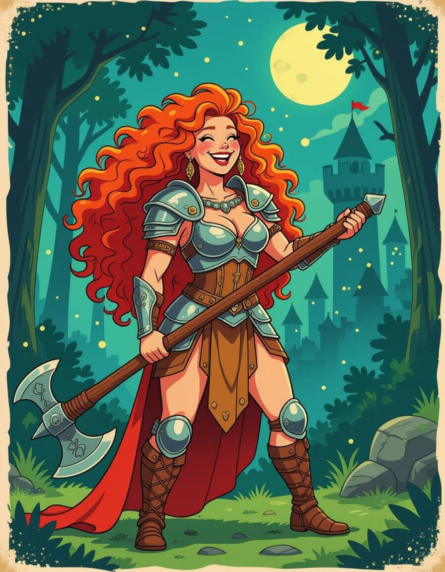 Laughing Barbarian Woman in Forest, Retro 80s Cartoon
