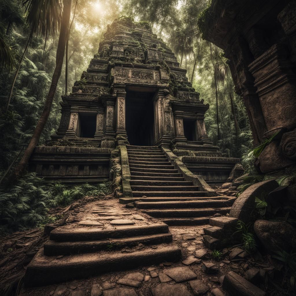 Forgotten Jungle Temple Path: Hyperrealistic HDR Image