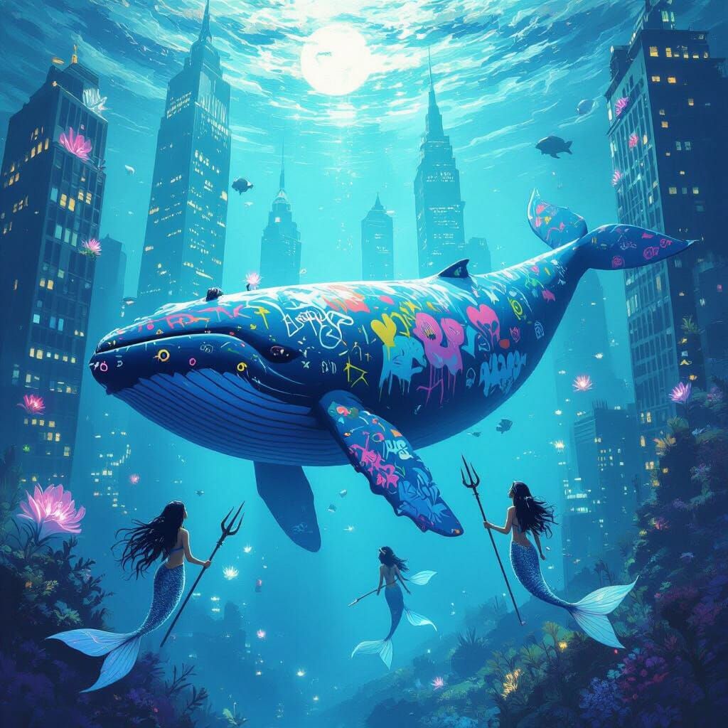 Graffiti Whale in Submerged City, Ethereal Style