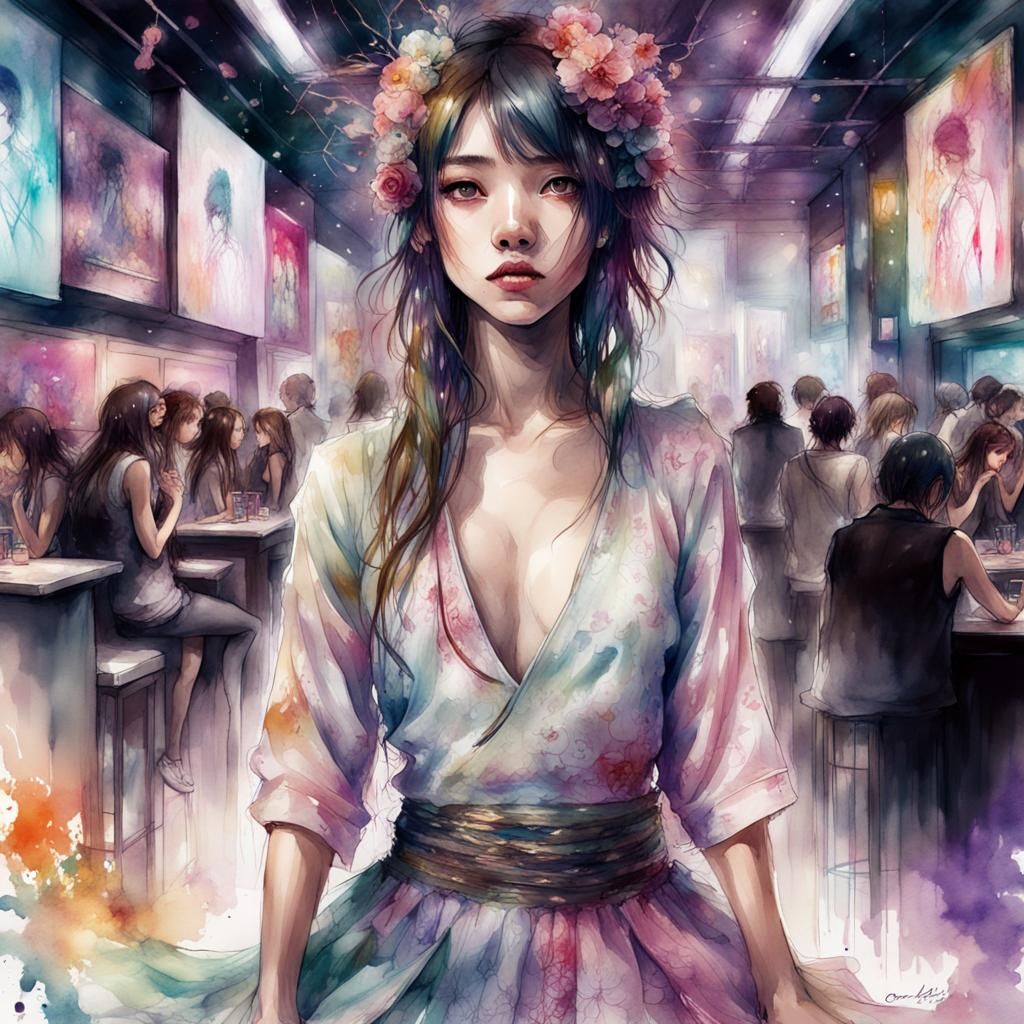 Fantasycore Watercolor Girl in Nightclub Illustration