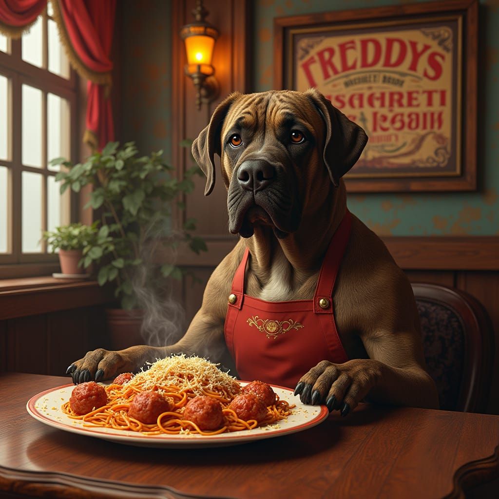 Majestic Brindle English Mastiff Dines at Freddy's Spaghetti...