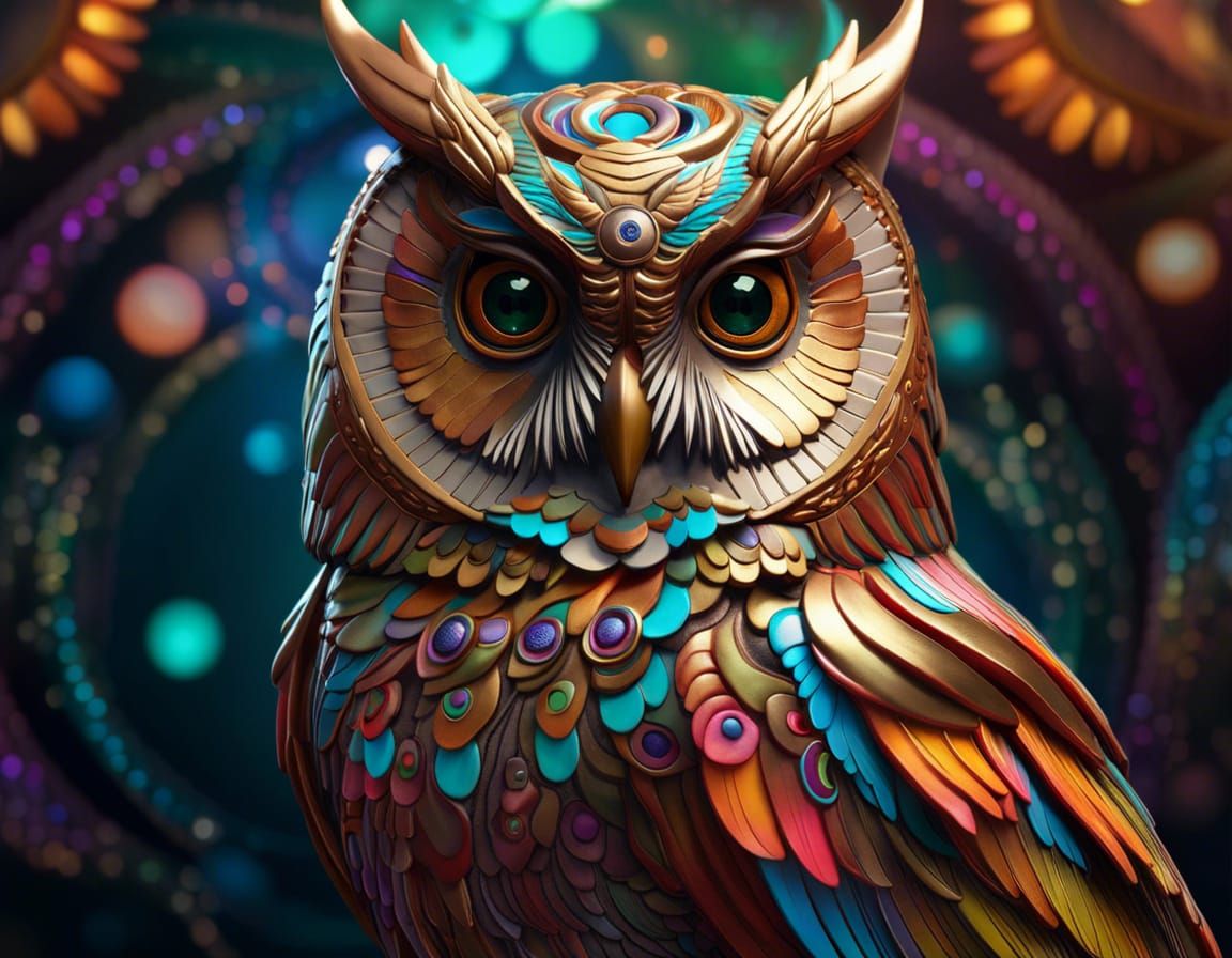 Colorful Owl Portrait in Dragon and Hopi Art Style