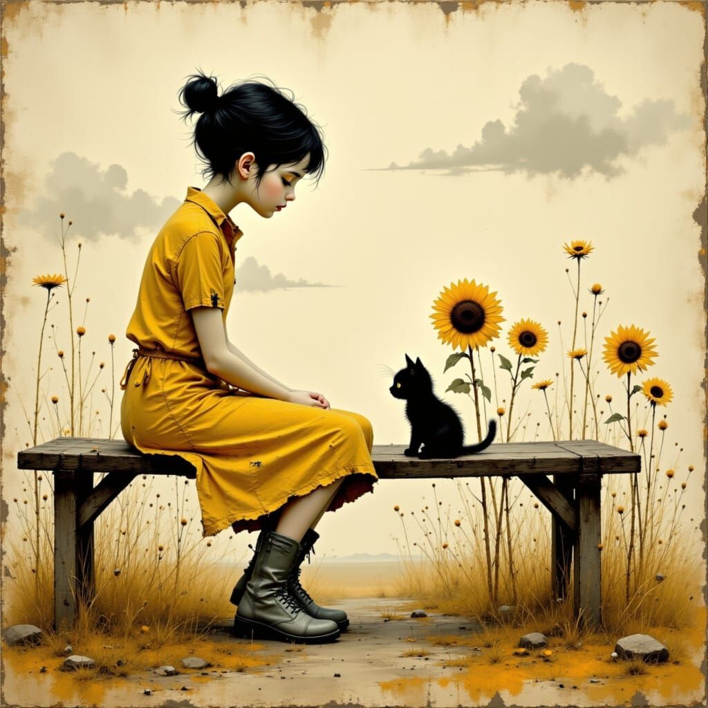 Girl and Cat in Expressive Surrealist Style