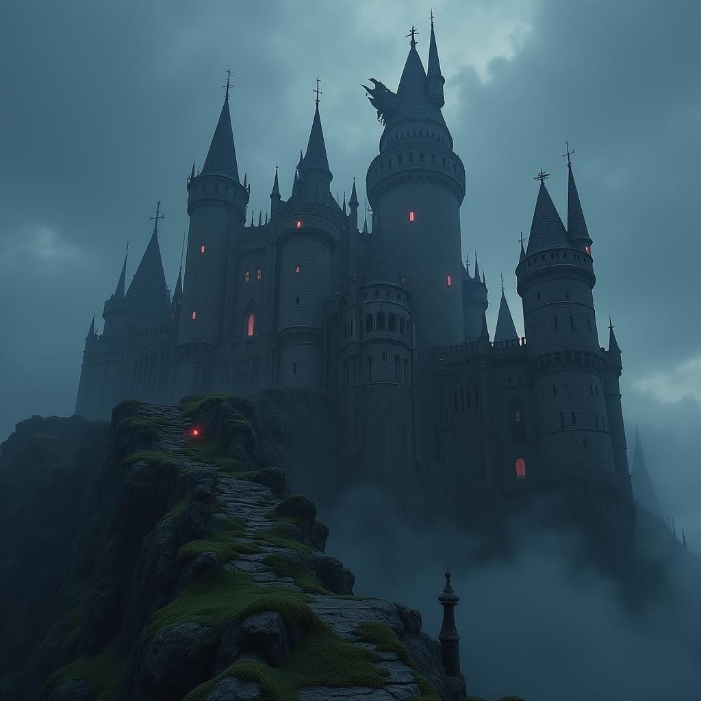 Mysterious Dark Fantasy Castle in Ethereal Twilight