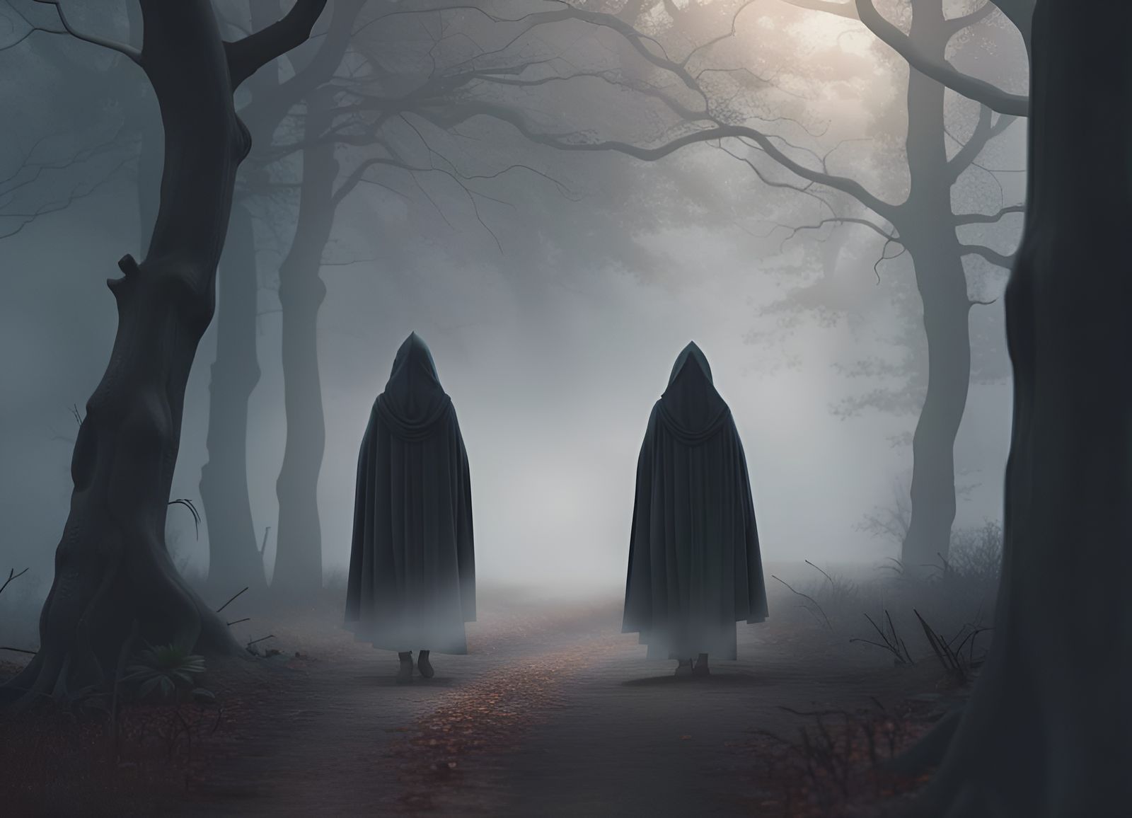 Cloaked Figure Enters Spooky Forest in 3D Rendering