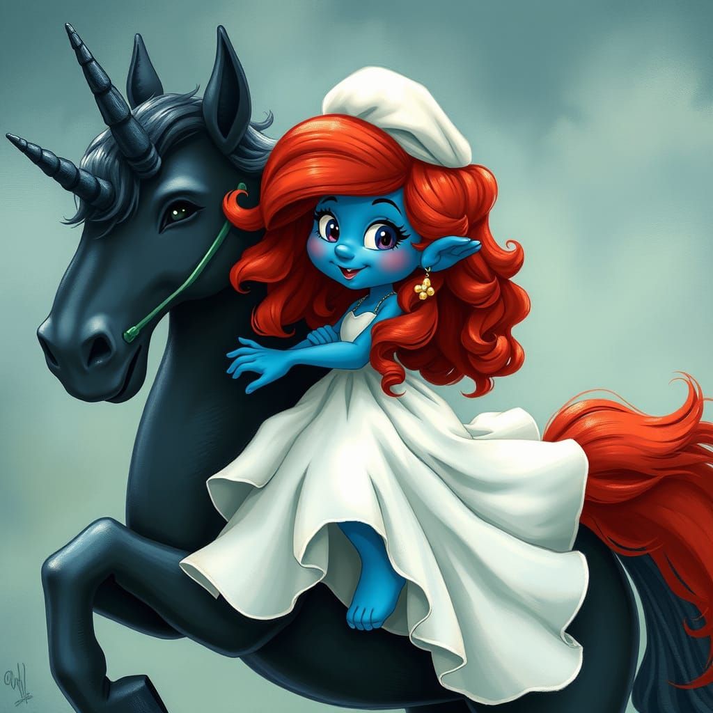 Smurfette Rides a Unicorn in Ghibli Style