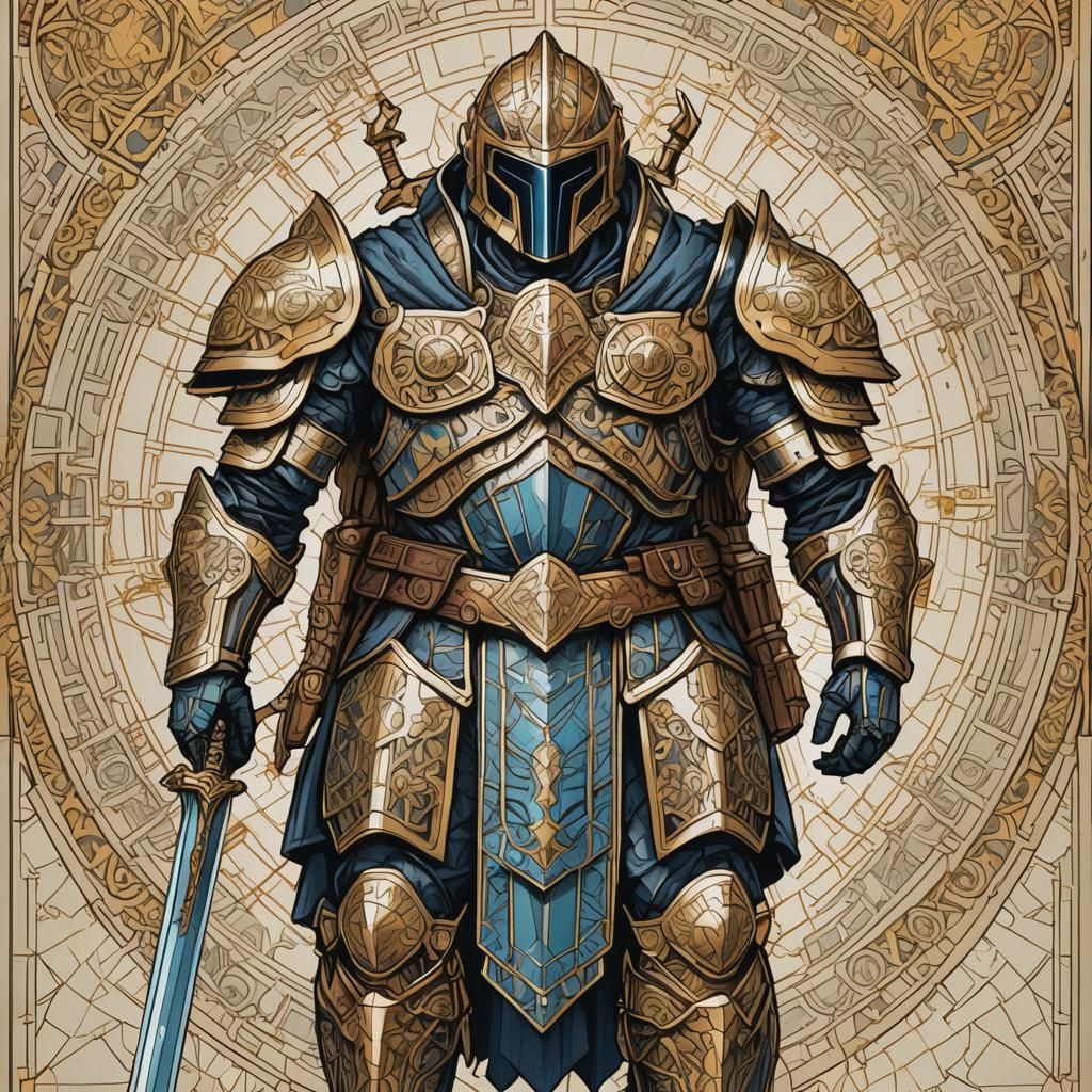 Detailed Paladin Screen Print with Geometric Design