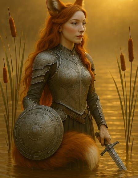Kitsune Warrior in Golden Water: Ethereal Armor