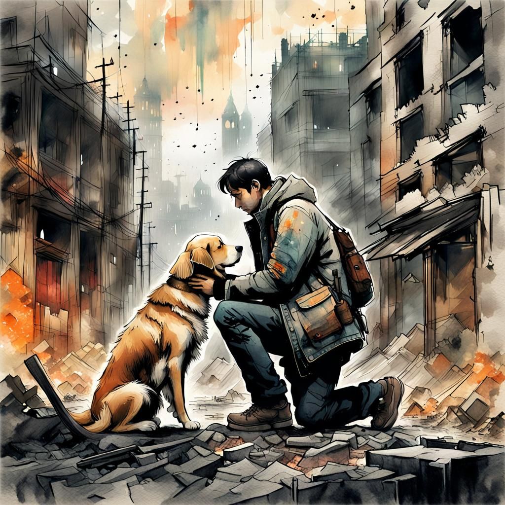 Post-Apocalyptic Embrace: Man and Dog in Ruined London