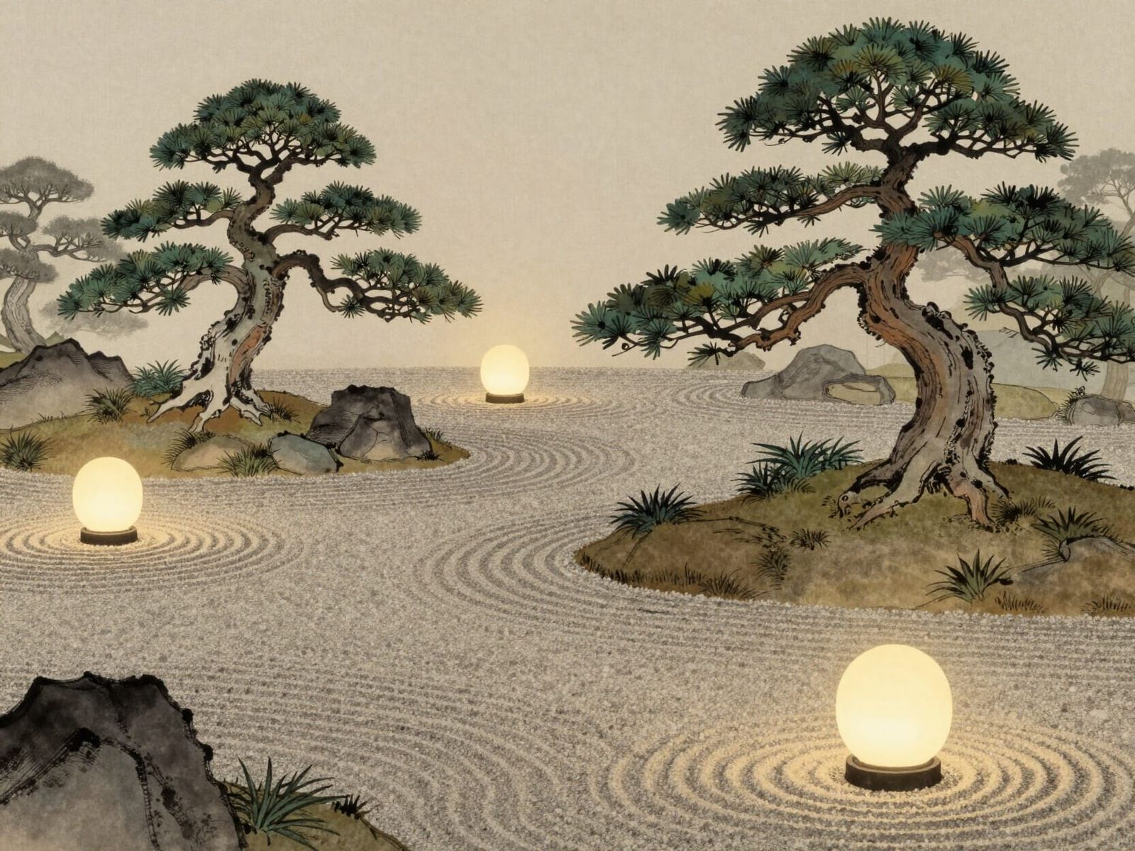 Serene Japanese Garden with 2D Trees and 3D Lanterns