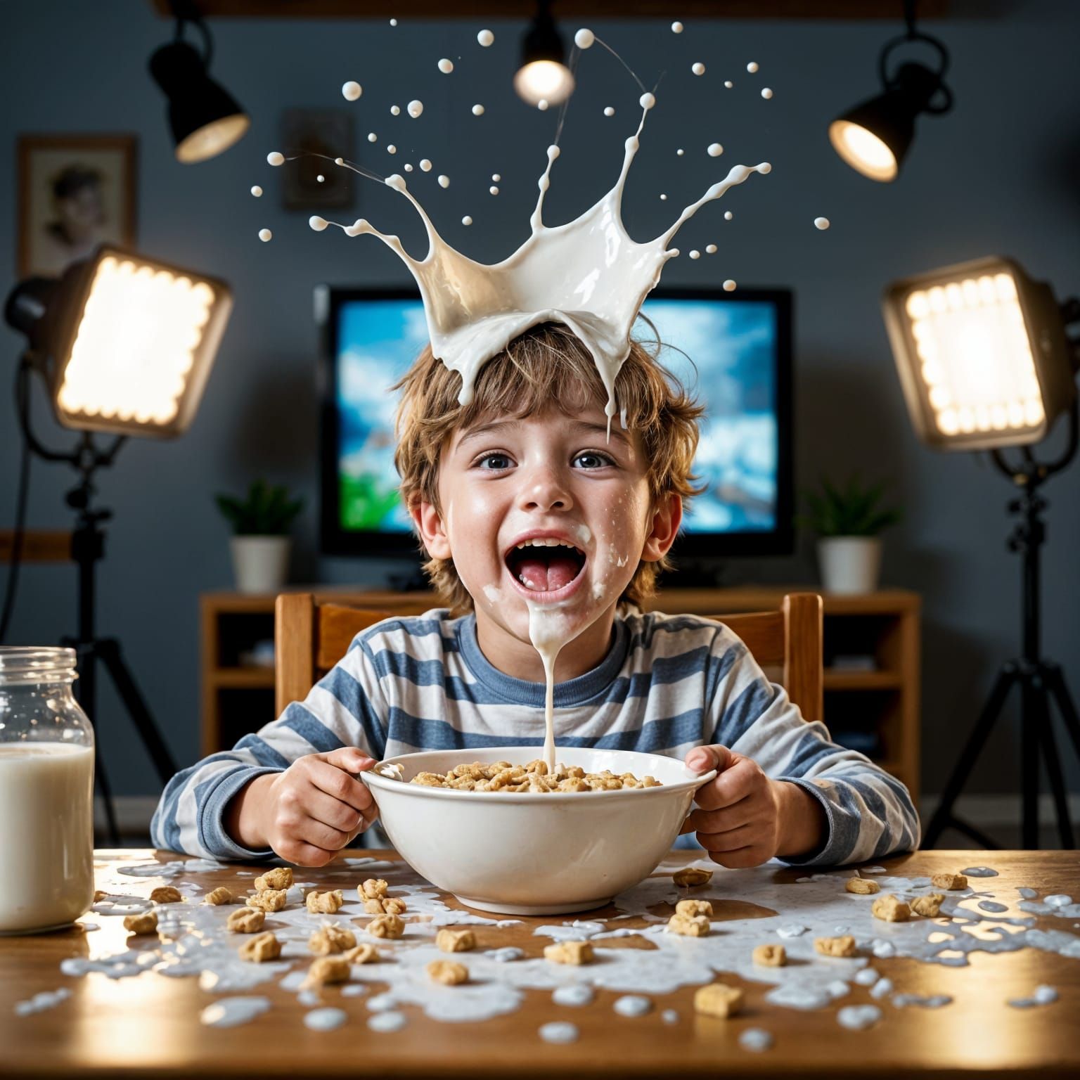 Hyperrealistic Cereal Commercial Scene with Splashing Milk