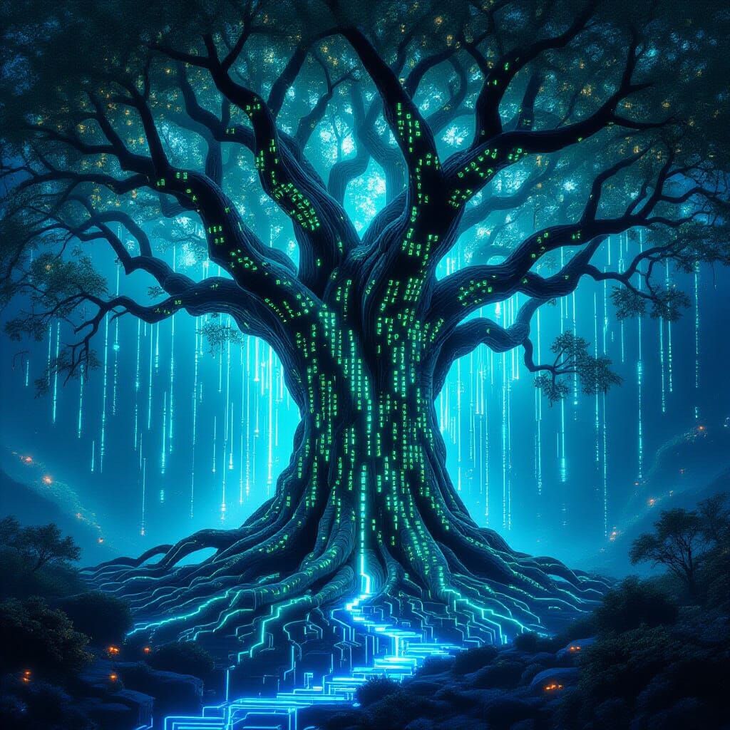 Ancient Binary Tree With Fractal Leaves In Digital Realm