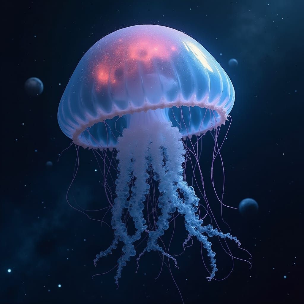 Bioluminescent Jellyfish Drifting Through Deep Space