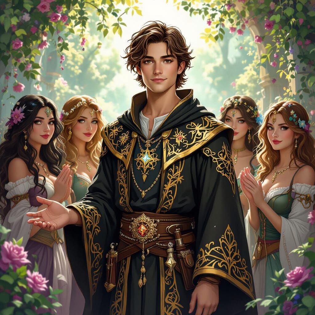 Wizard Surrounded by Adoring Fans, in Fantasy Art Style