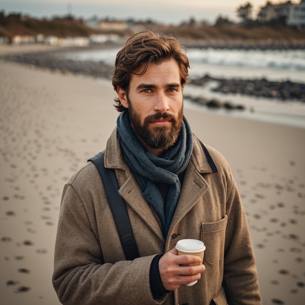 Bearded Man on Long Beach Shore: Professional Portrait