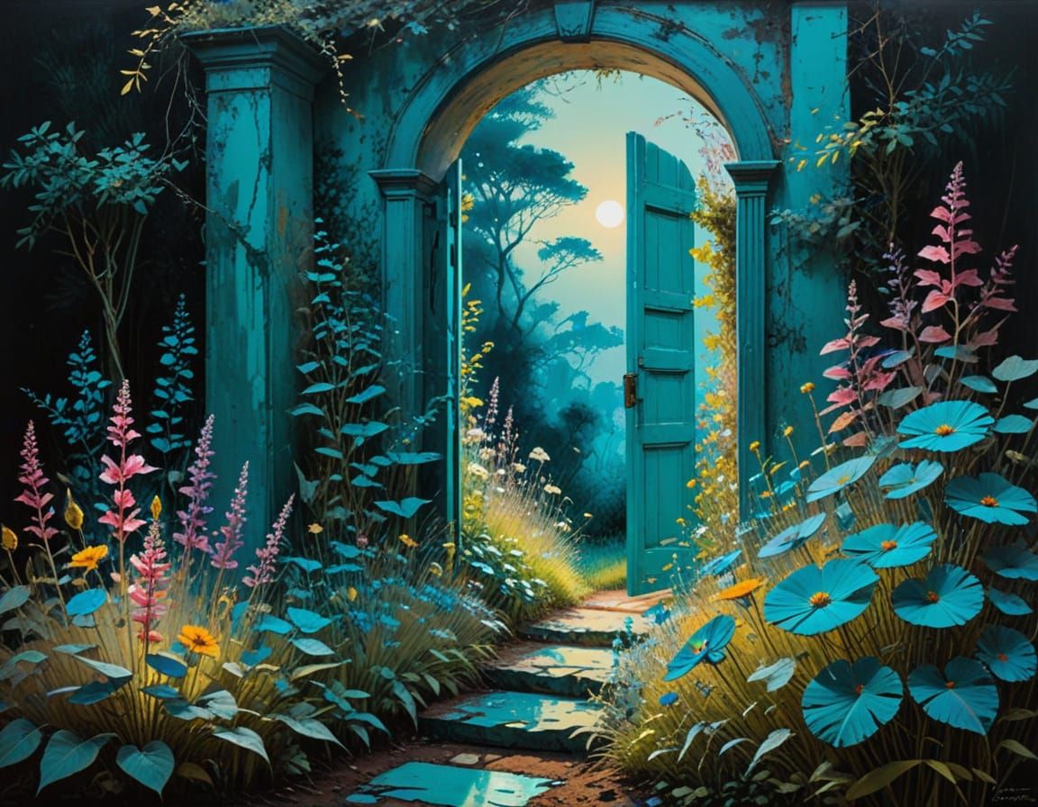 Enchanting Turquoise Garden in Watercolor Linocut Style