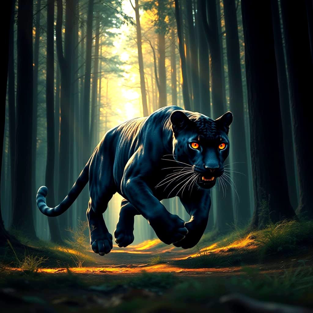Sleek Black Leopard Hunts Through Futuristic Forest in Cinem...