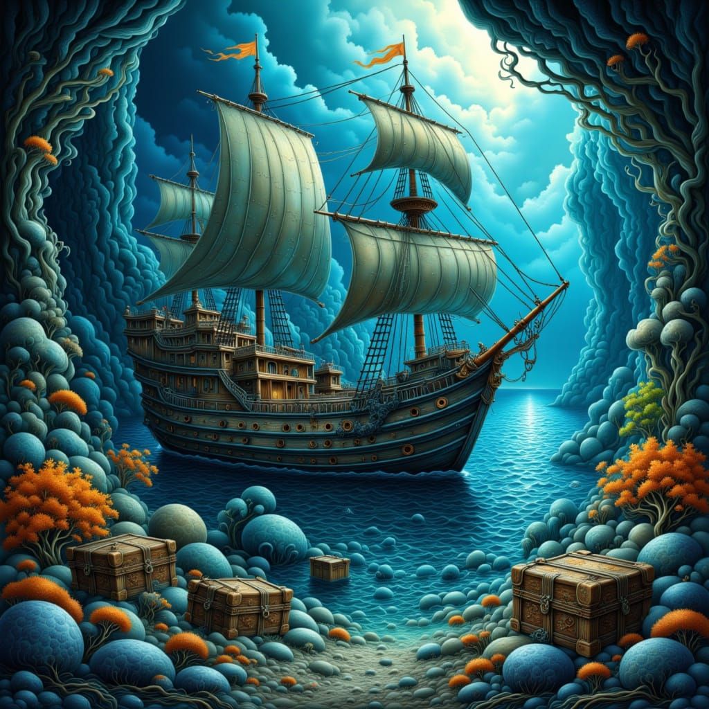 Sunken Galleon and Treasure in Ink Painting Style