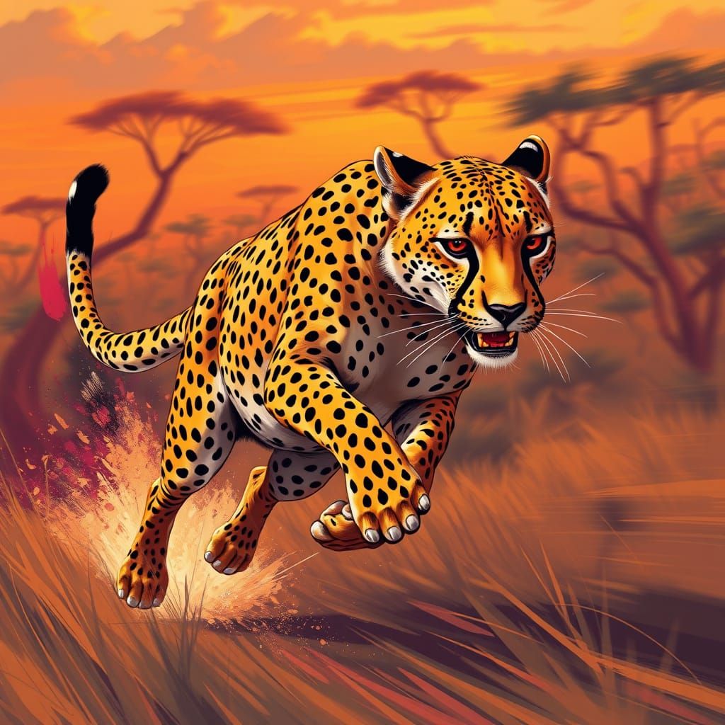 Cheetah Sprinting Across Savannah in Futuristic Style
