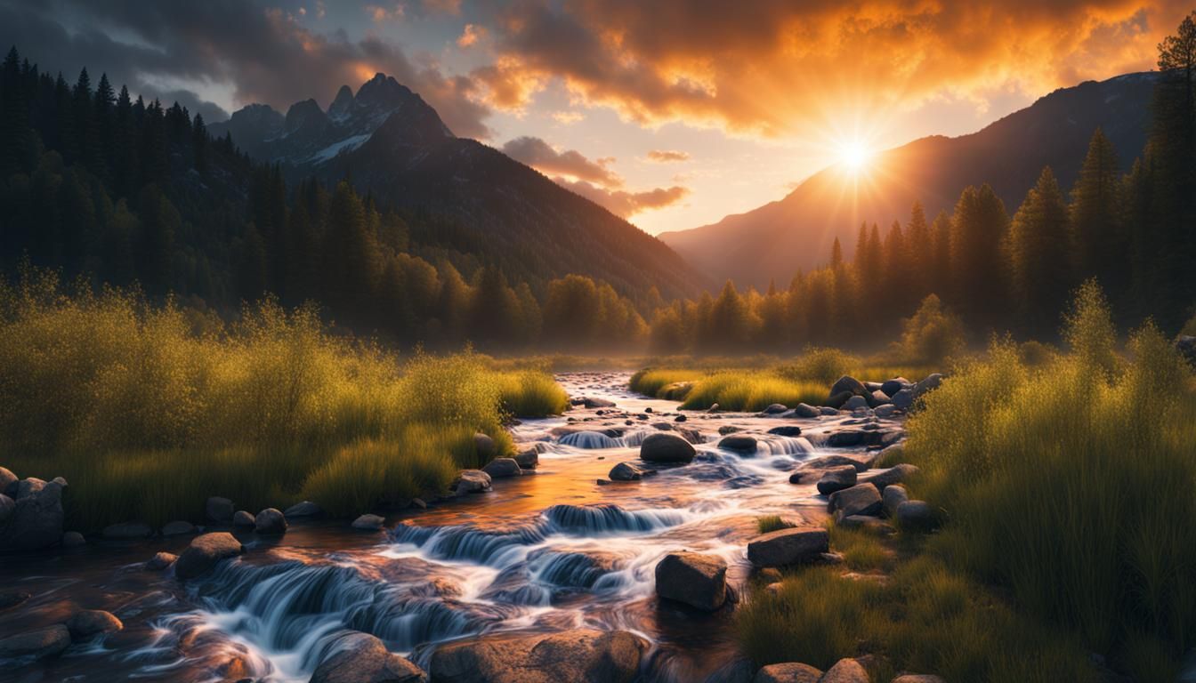 Sunset Mountain Stream with Matrix Code