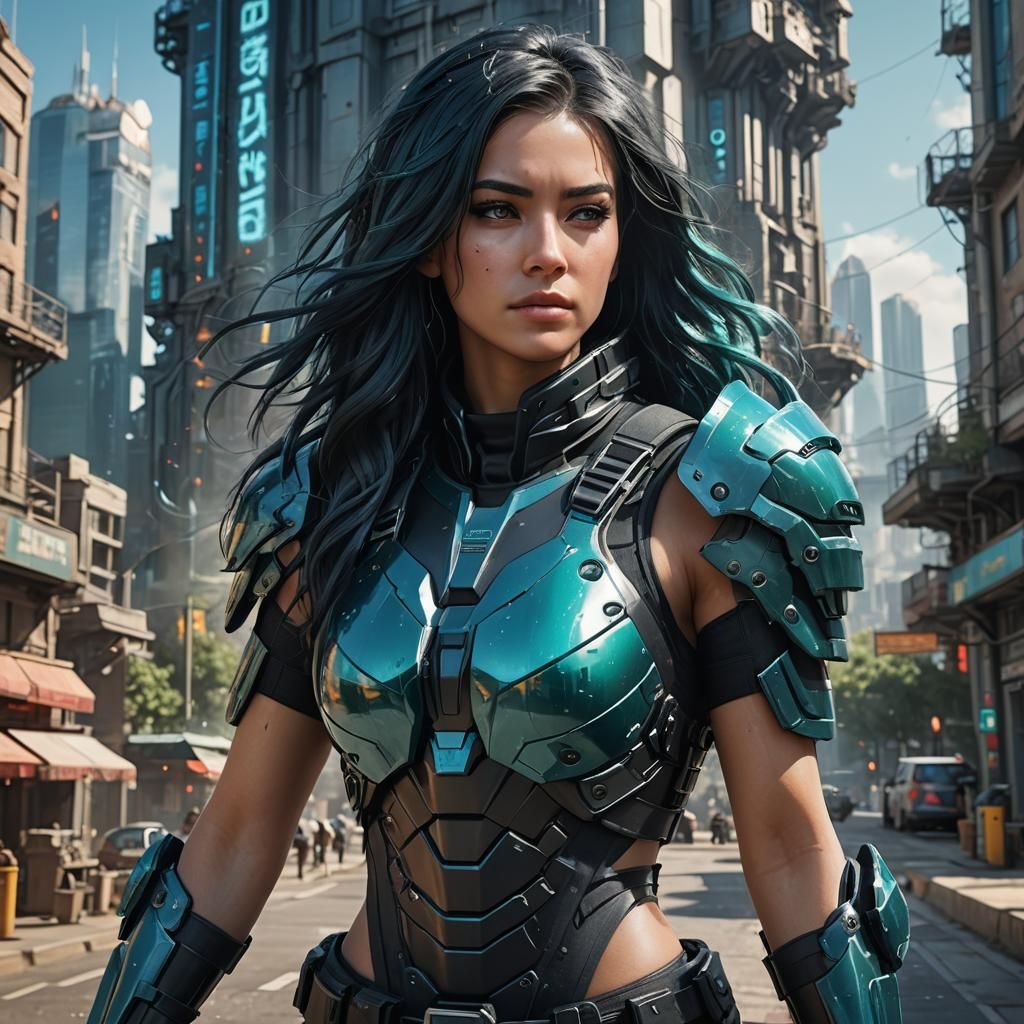 Aqua Haired Woman in Sci-Fi City Fashion