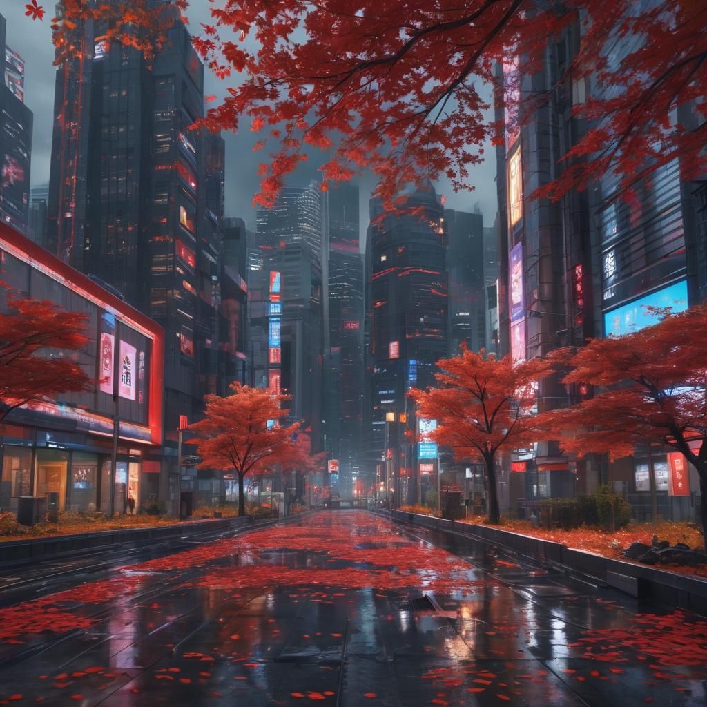 Futuristic Tokyo Cityscape with Autumnal Sci-Fi Elements