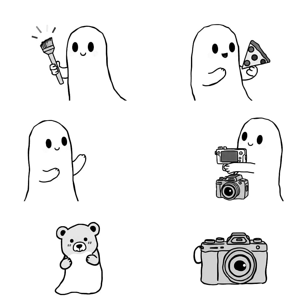 Six Cartoon Ghosts Holding Various Objects in Line Art Style