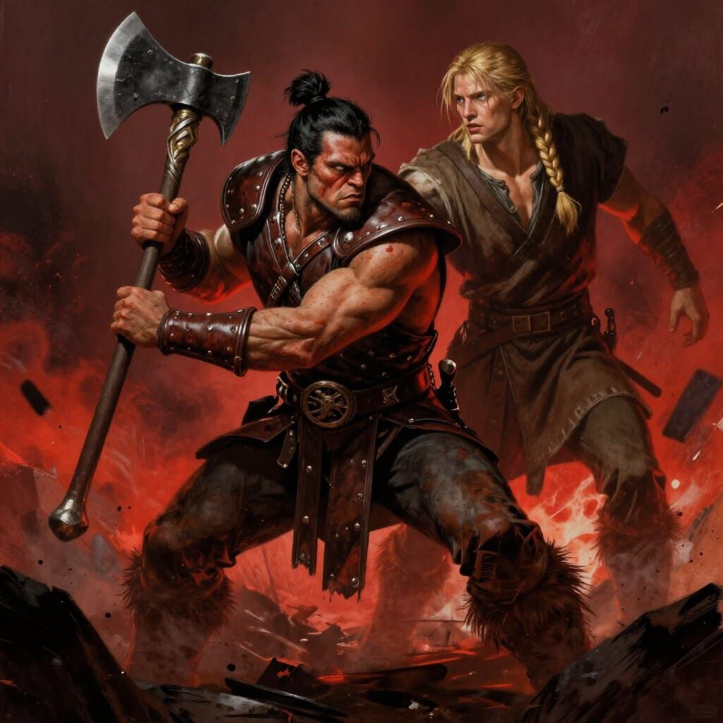 Orc Warlord Defends Man in Dark Fantasy Art