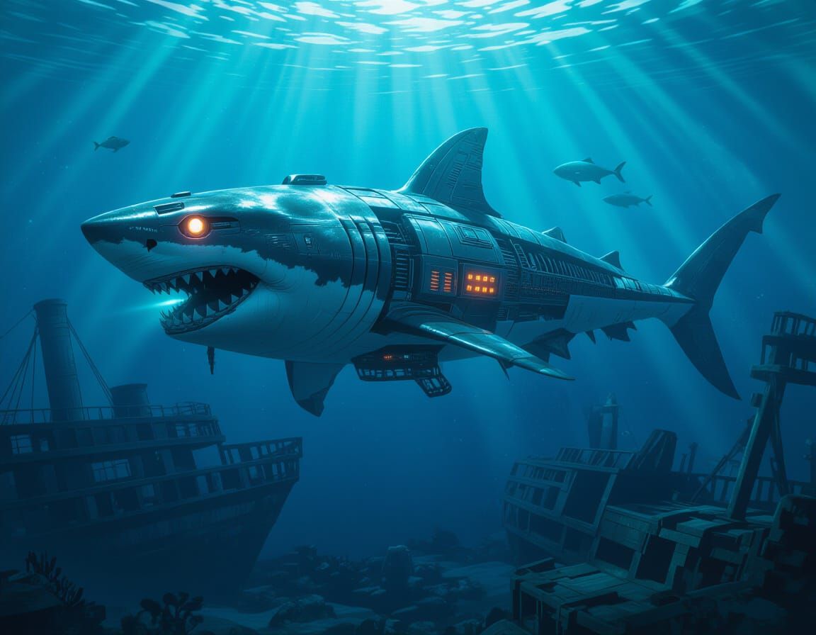 Cybernetic Shark in Deep Ocean Abyss