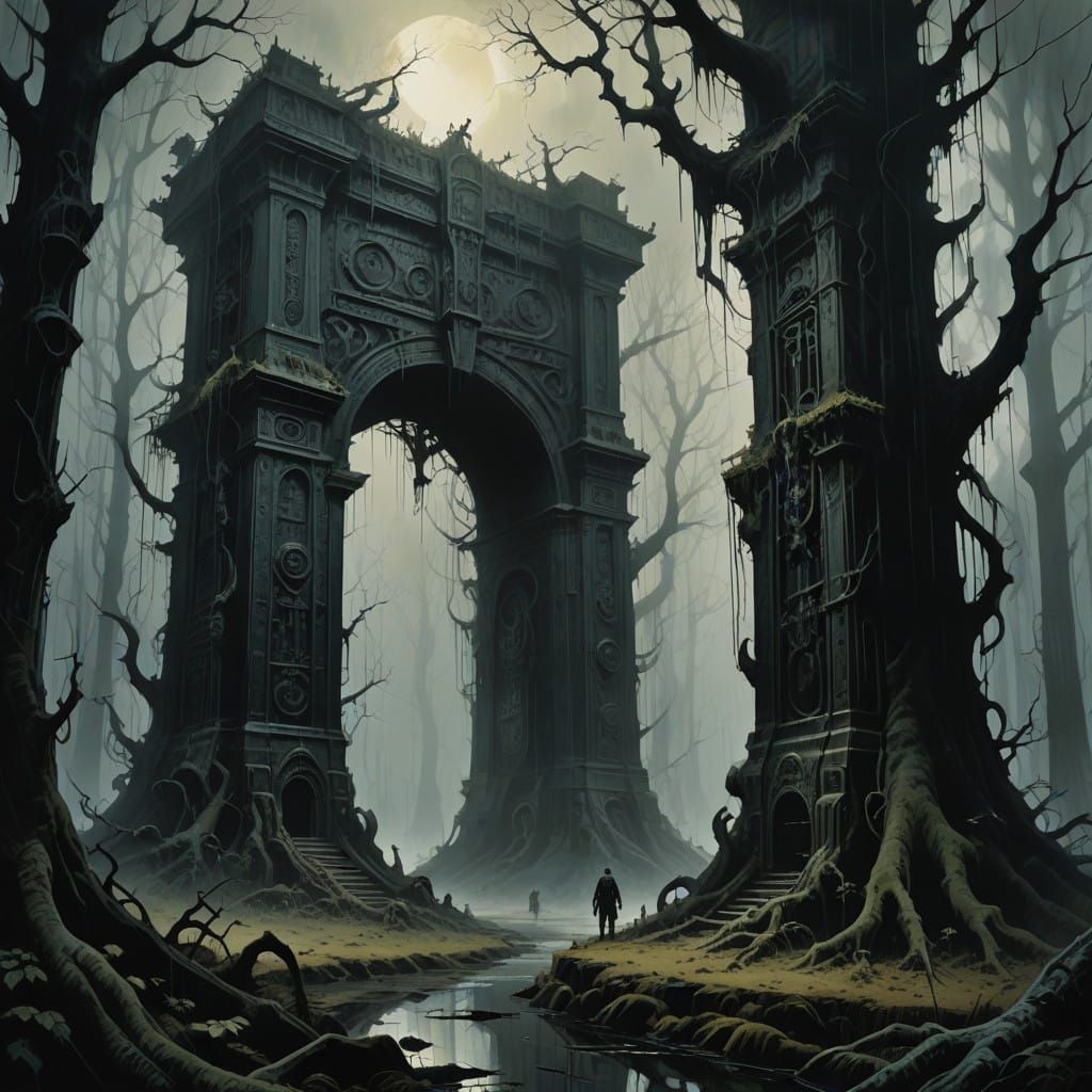 Ethereal Dark Fantasy Gate Looms in Shadowy Forest