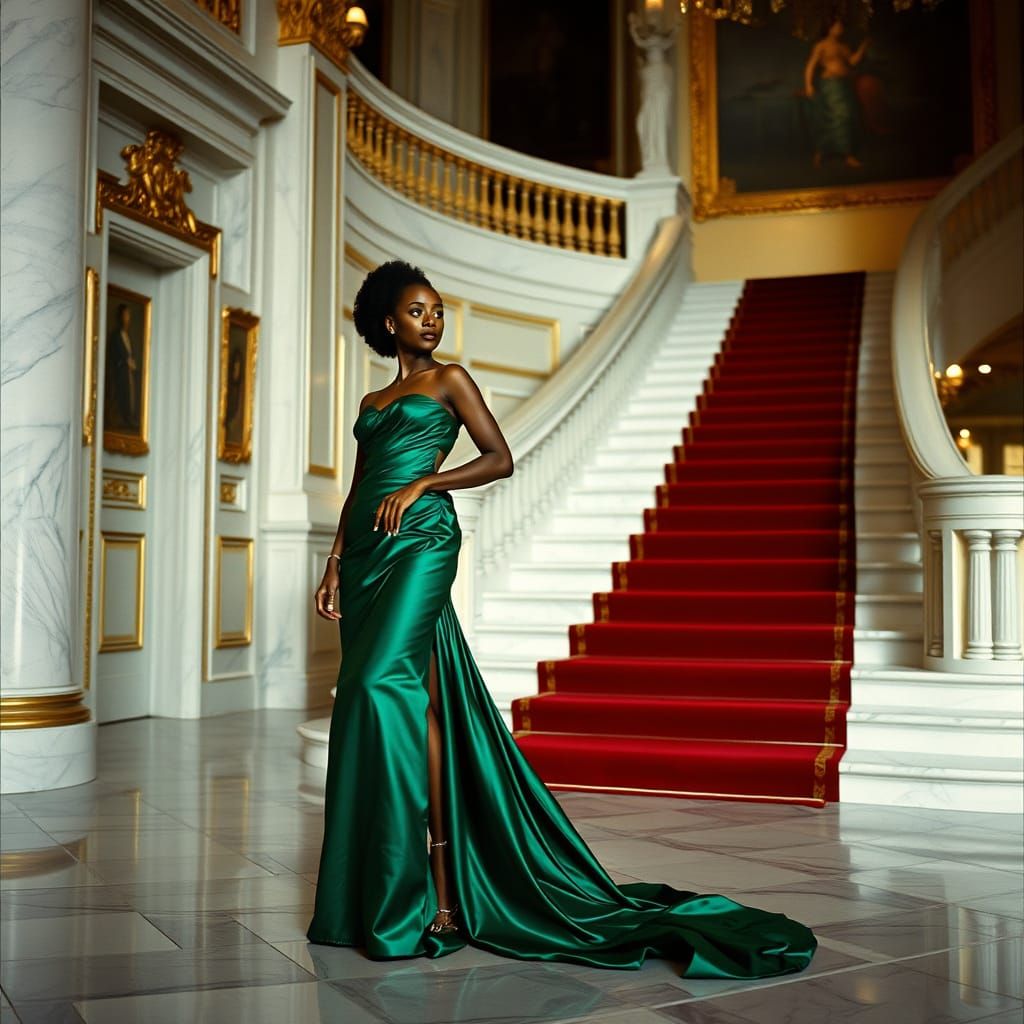 Elegant Woman in Emerald Gown at Grand Staircase