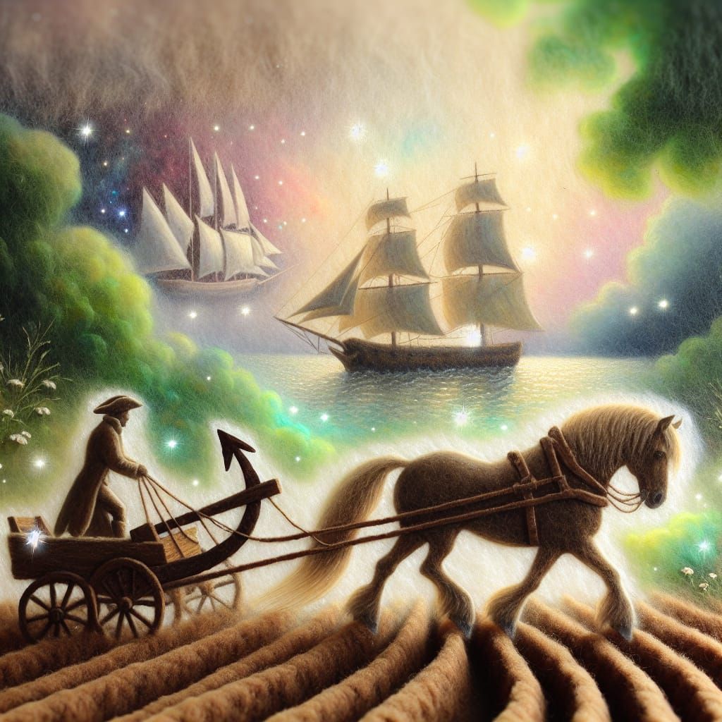 Horse Plows River with Anchor, Oil Painting