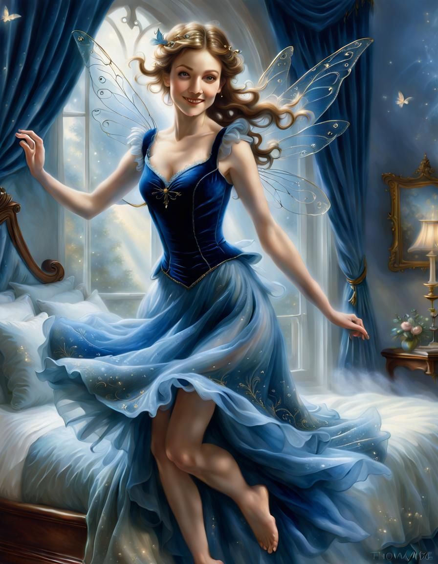 Playful Fairy Jumps on Bed in Ethereal Portrait