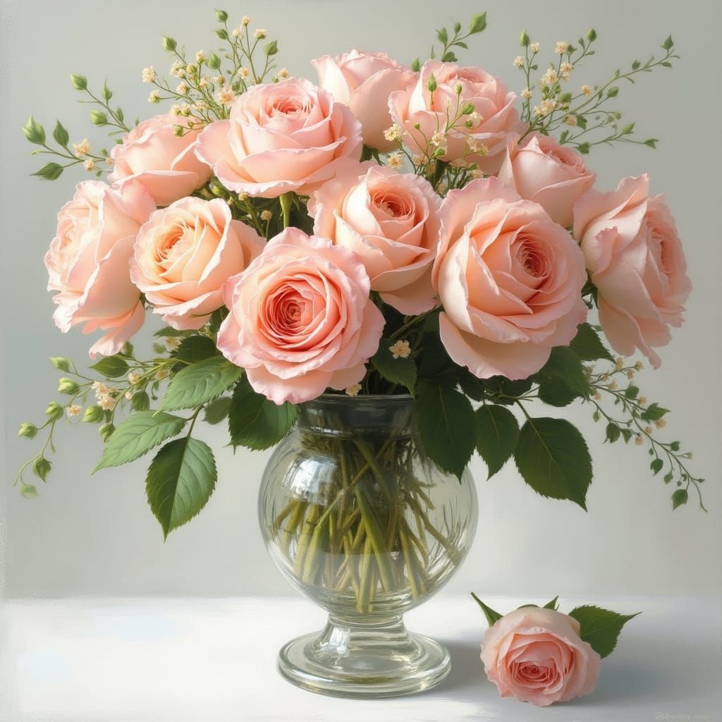 Impressionistic Roses in Crystal Vase