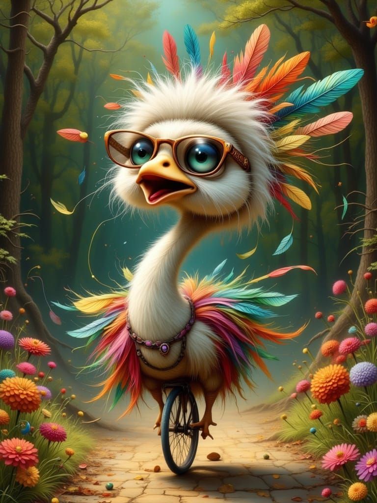 Whimsical Emu Rides Unicycle in Watercolor Garden