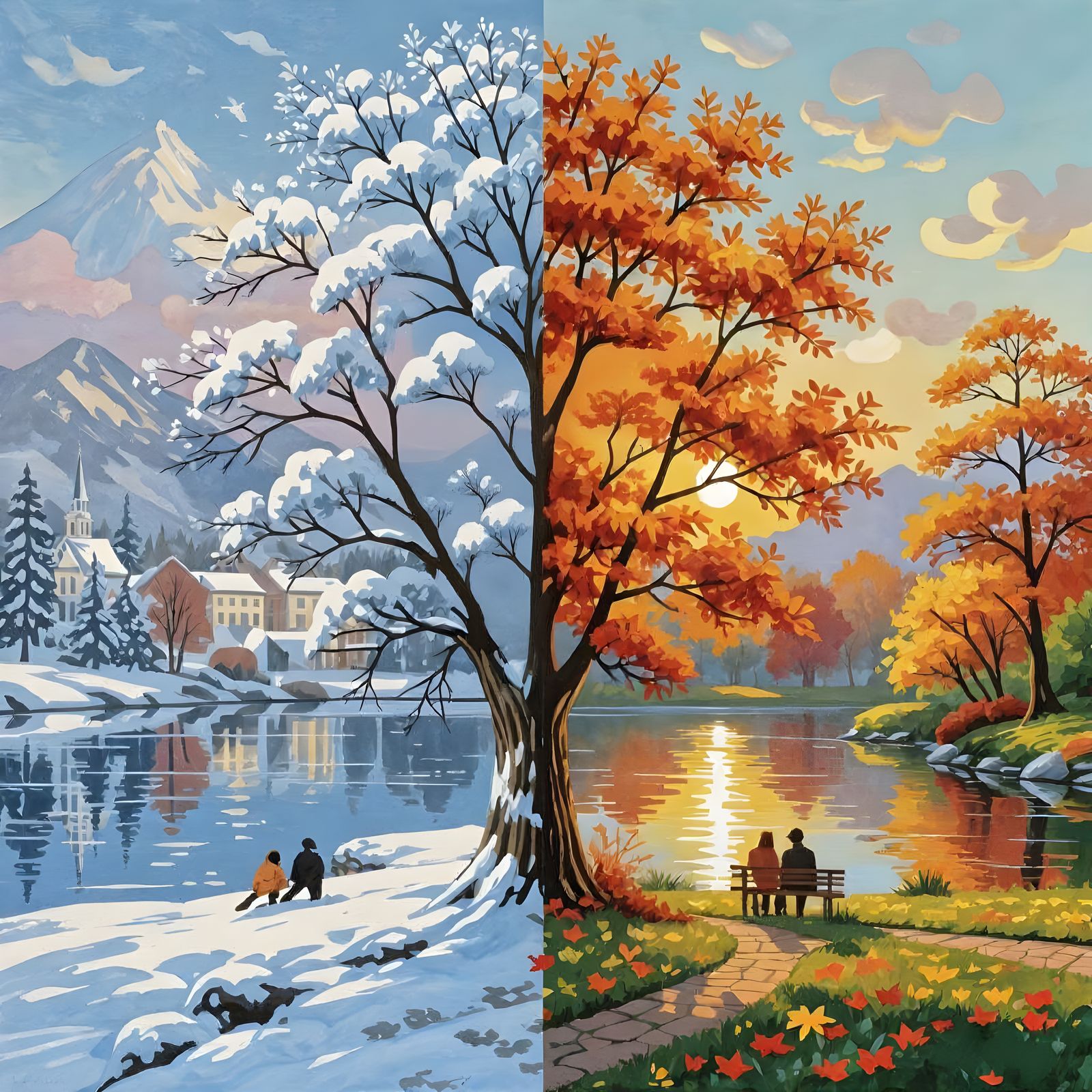 Four Seasons Tree in Impressionist Watercolor Style