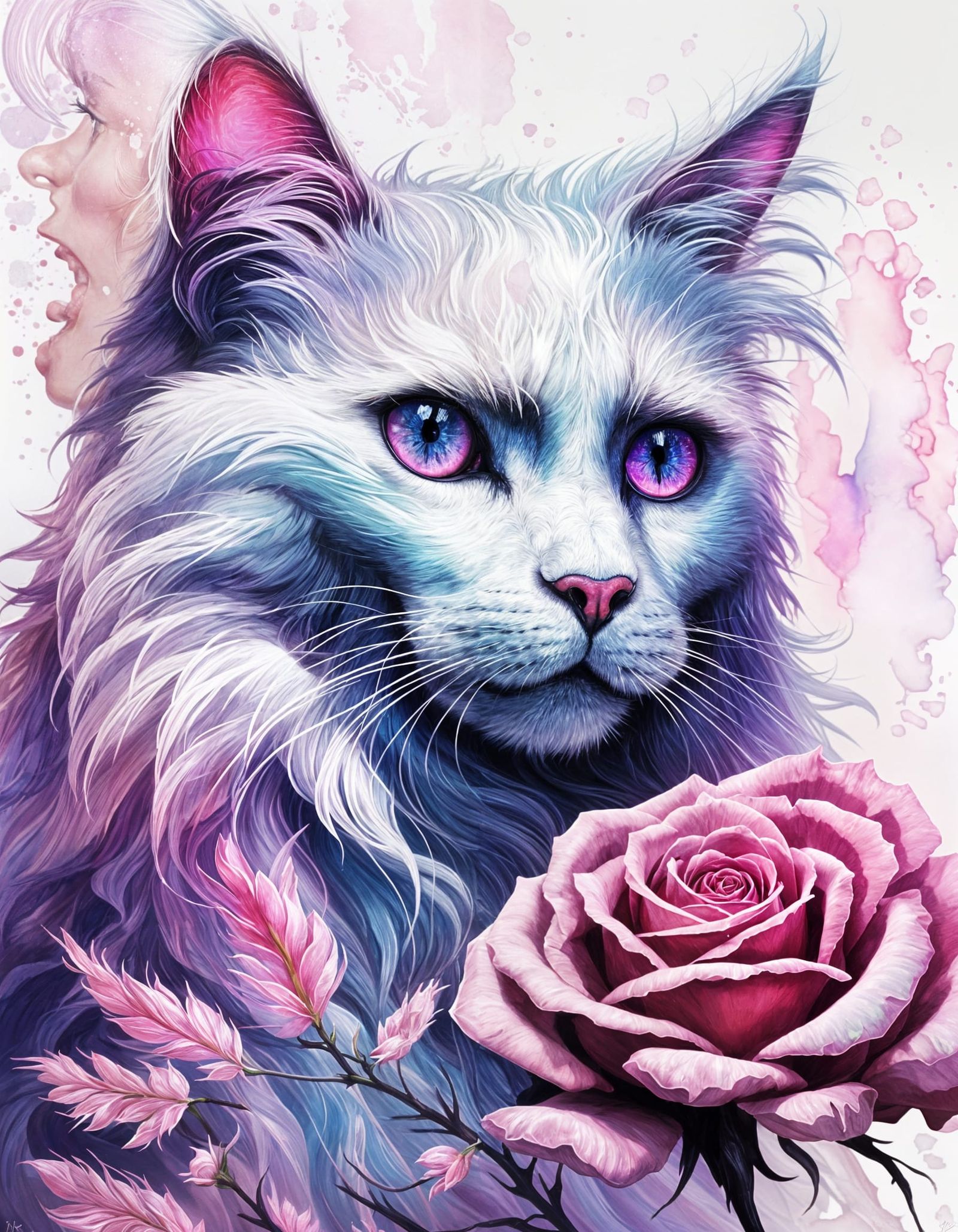 Monochromatic Cat with Rose in Digital Pop Art