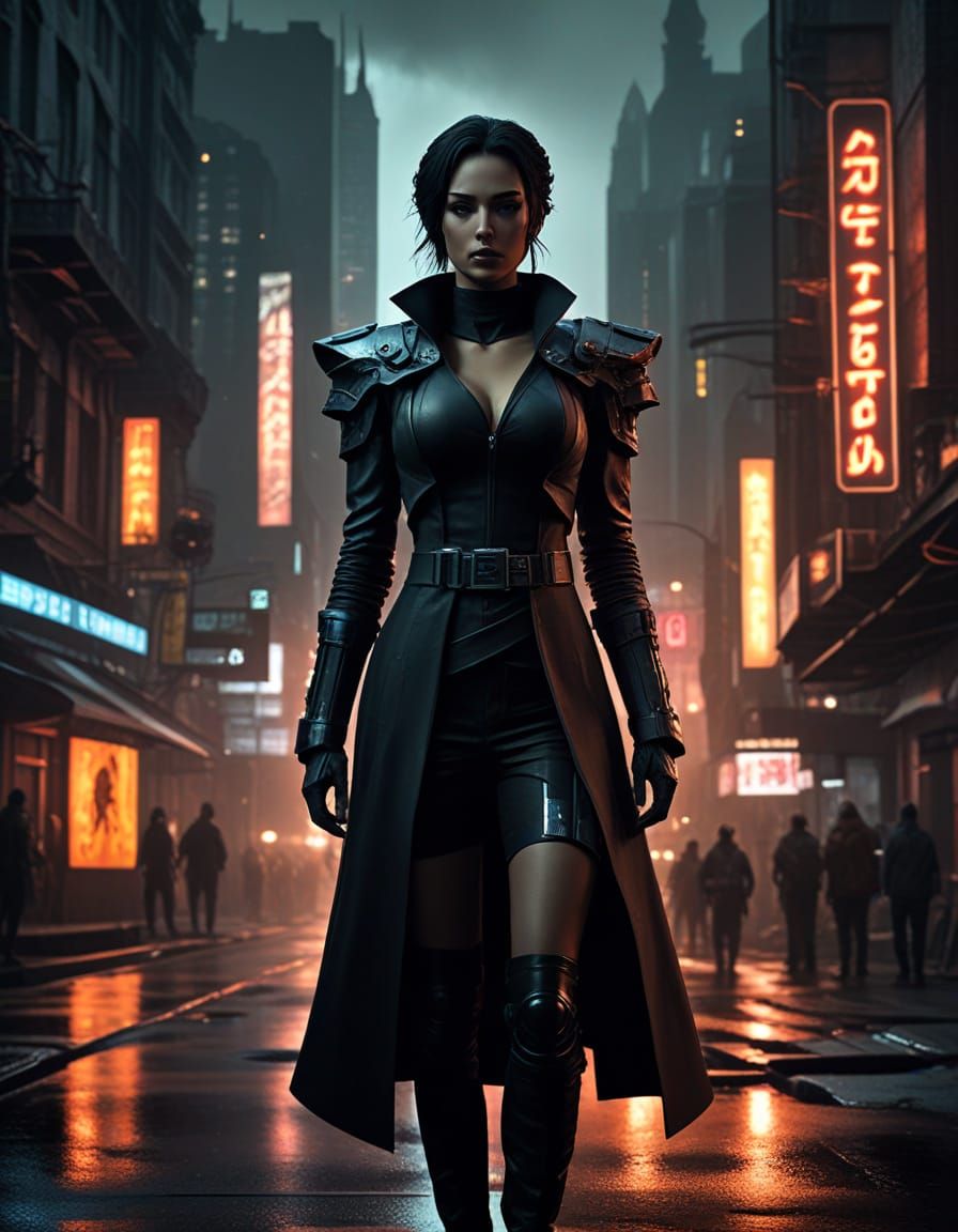 Cyberpunk Dúnedain Ranger in Dark Neo-Noir Cityscape